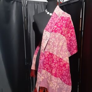 Vibrant Pink and Red Wide Floral Scarf Wool Blend Two Tone Colorblock